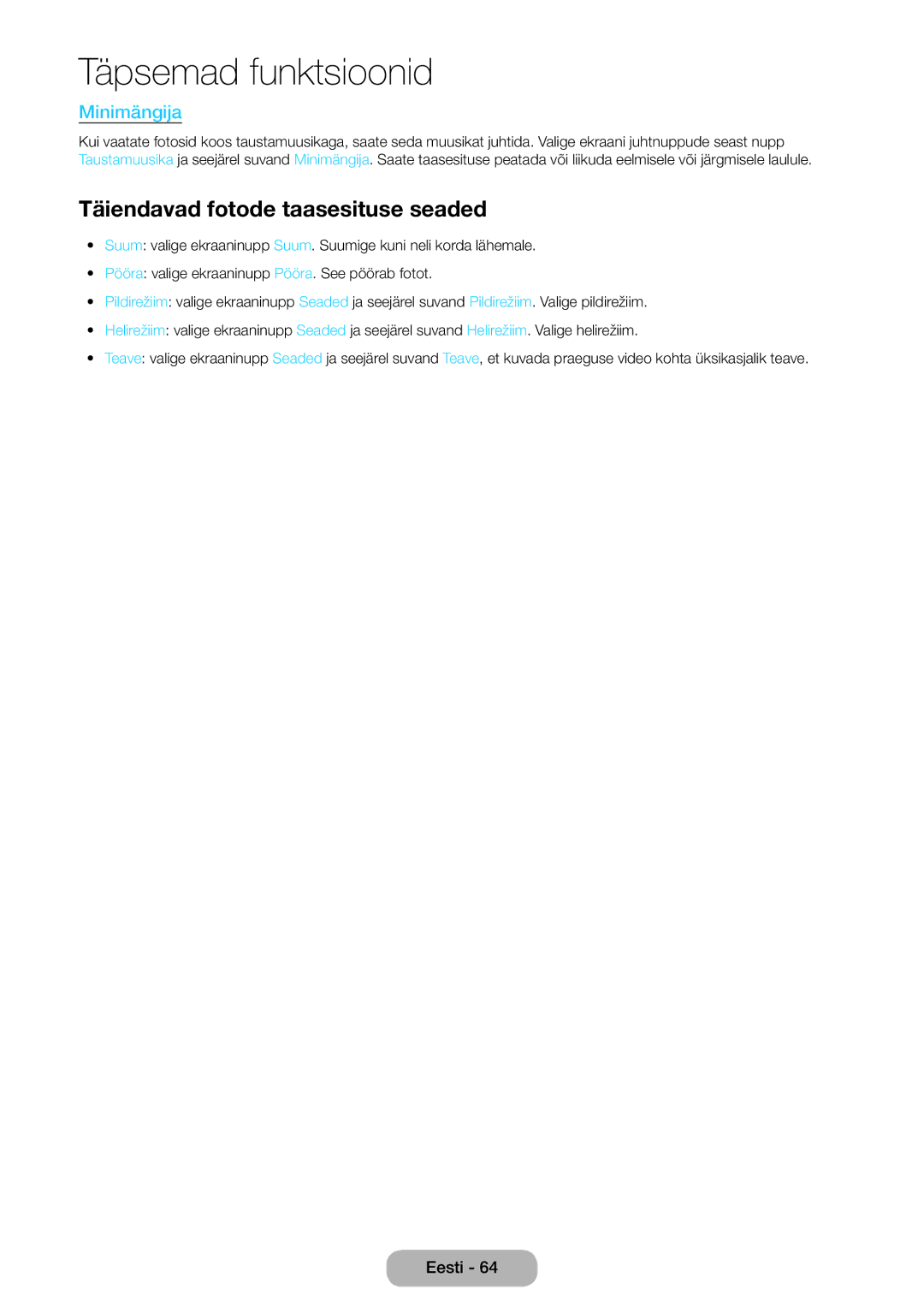 Samsung LT22E390EW/EN, LT24E390EW/EN manual Täiendavad fotode taasesituse seaded, Minimängija 