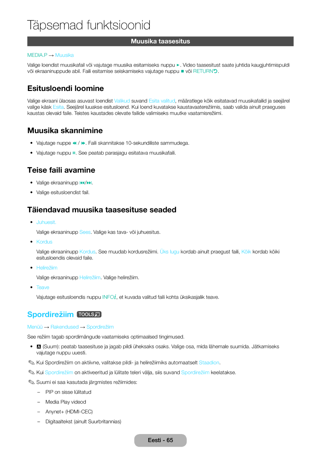 Samsung LT24E390EW/EN manual Muusika skannimine, Täiendavad muusika taasesituse seaded, Spordirežiim t, Muusika taasesitus 