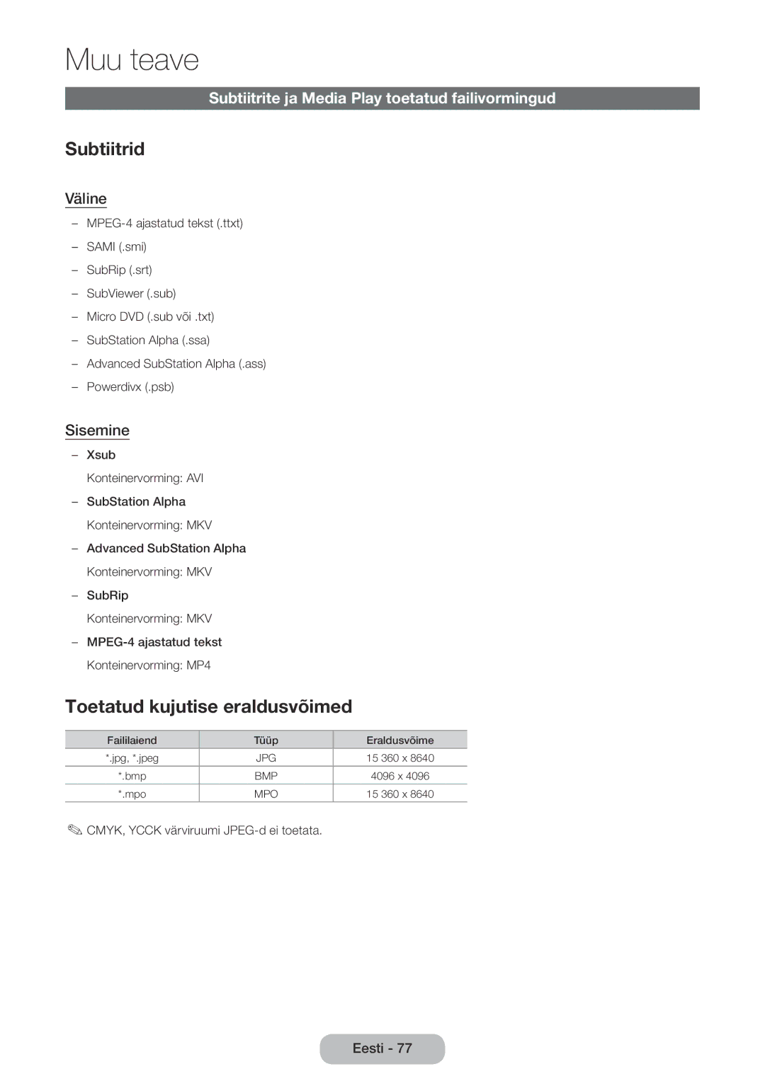 Samsung LT24E390EW/EN manual Subtiitrid, Toetatud kujutise eraldusvõimed, Subtiitrite ja Media Play toetatud failivormingud 