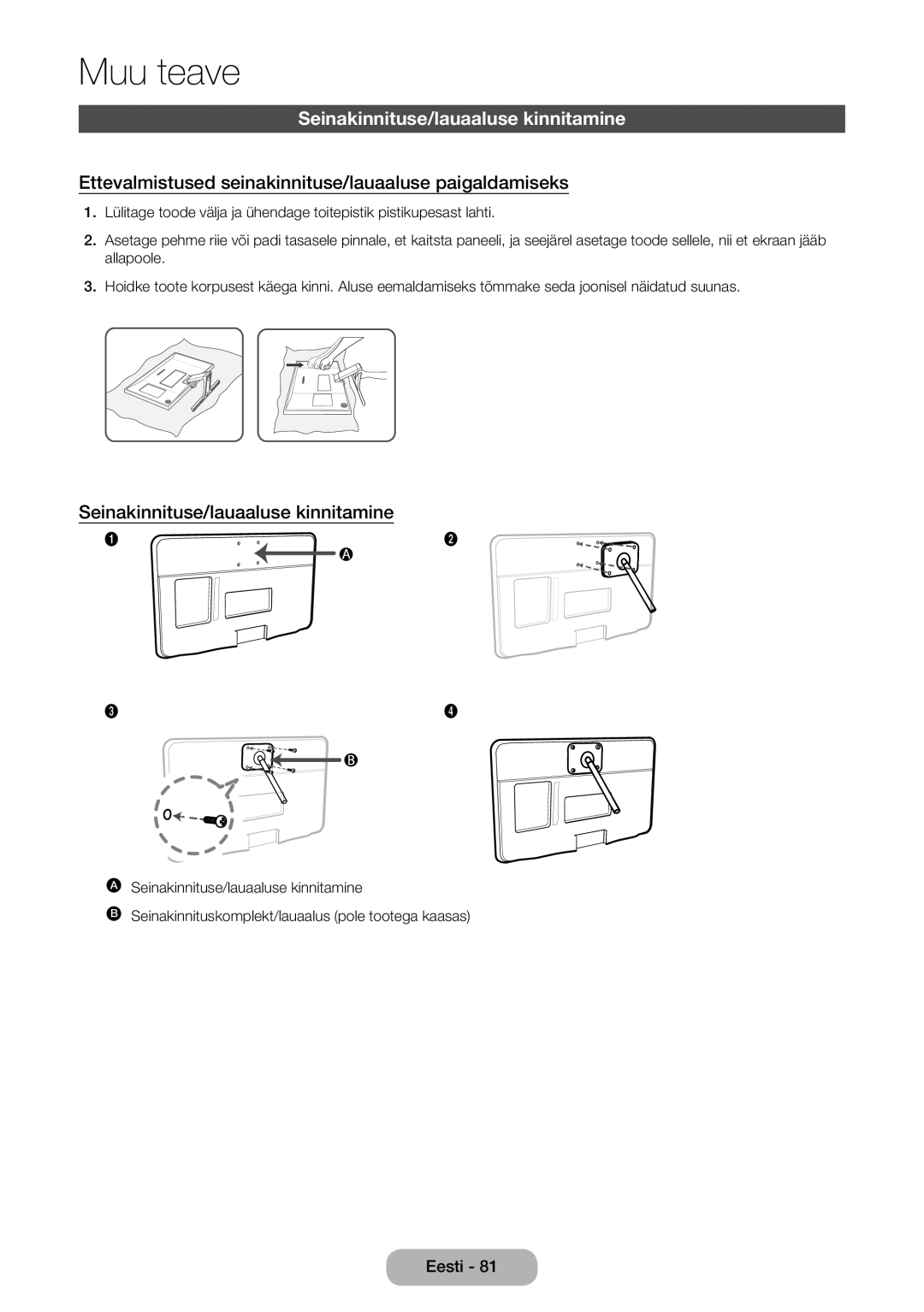 Samsung LT24E390EW/EN manual Seinakinnituse/lauaaluse kinnitamine, Ettevalmistused seinakinnituse/lauaaluse paigaldamiseks 