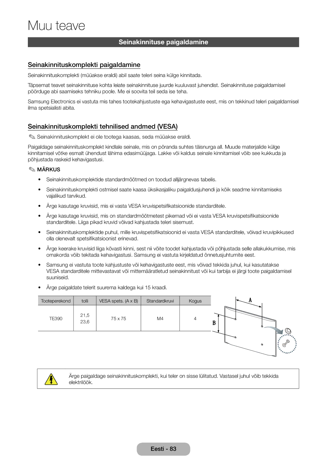 Samsung LT24E390EW/EN, LT22E390EW/EN manual Seinakinnituse paigaldamine, Seinakinnituskomplekti paigaldamine 