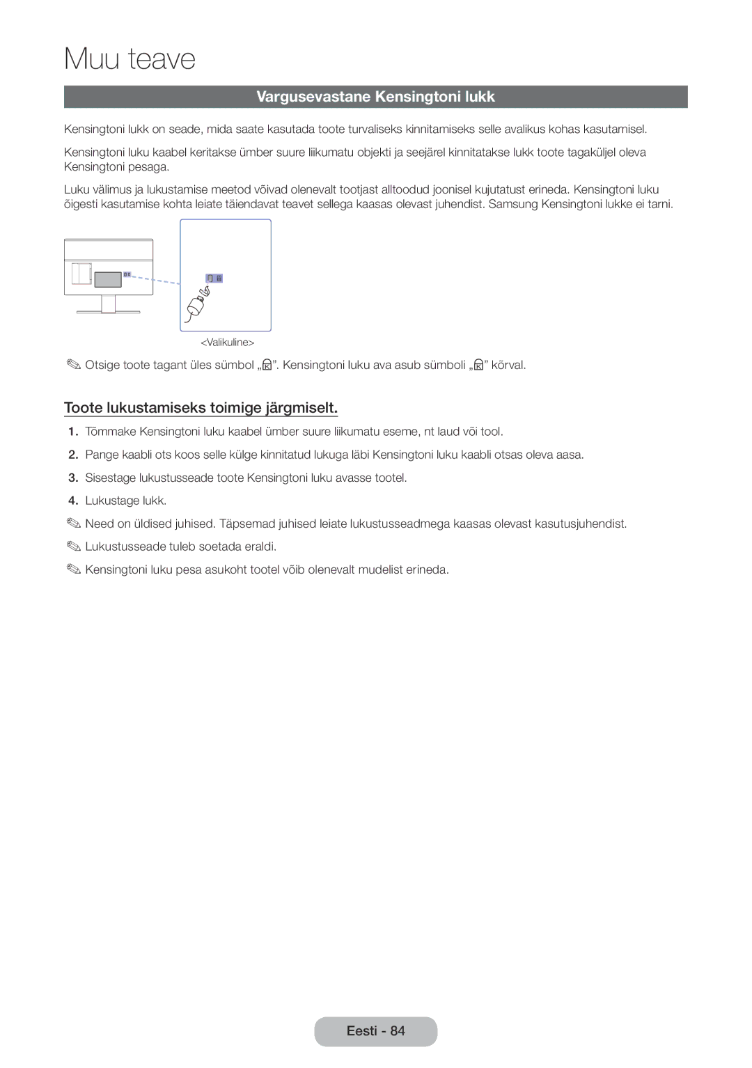 Samsung LT22E390EW/EN, LT24E390EW/EN manual Vargusevastane Kensingtoni lukk, Toote lukustamiseks toimige järgmiselt 