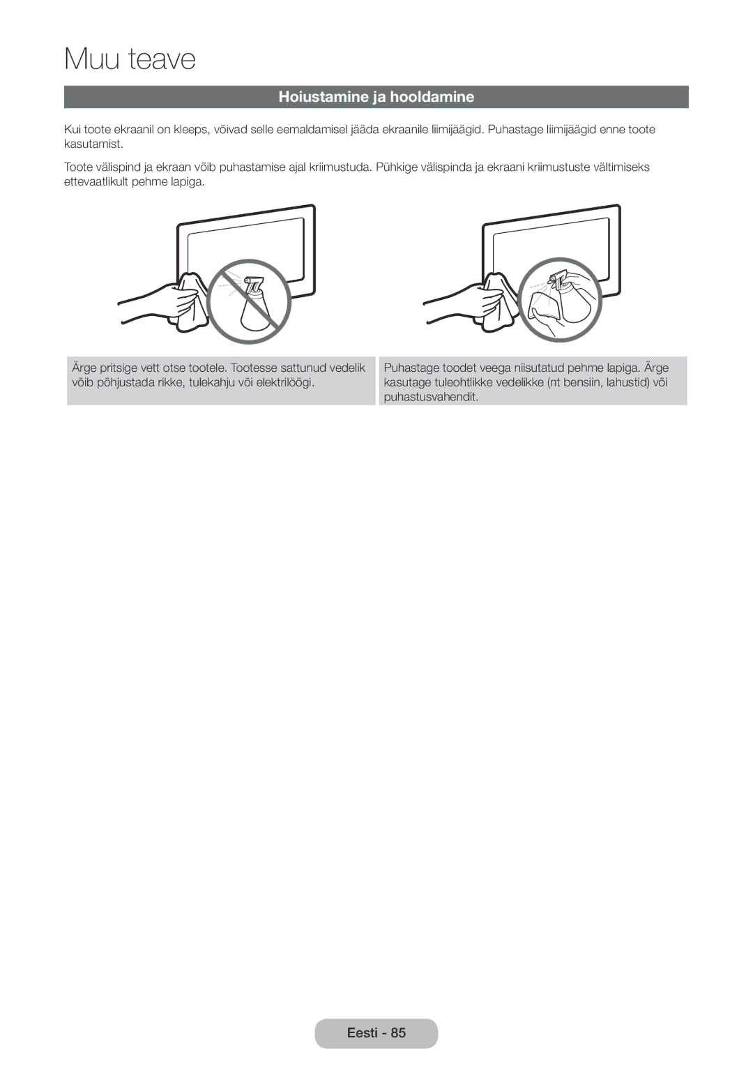 Samsung LT24E390EW/EN, LT22E390EW/EN manual Hoiustamine ja hooldamine 