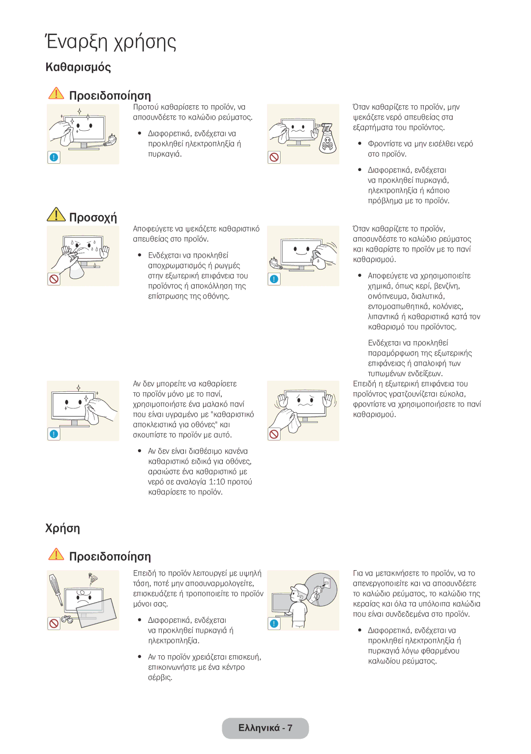 Samsung LT24E390EW/EN, LT22E390EW/EN manual Καθαρισμός Προειδοποίηση, Χρήση Προειδοποίηση, Αποκλειστικά για οθόνες και 