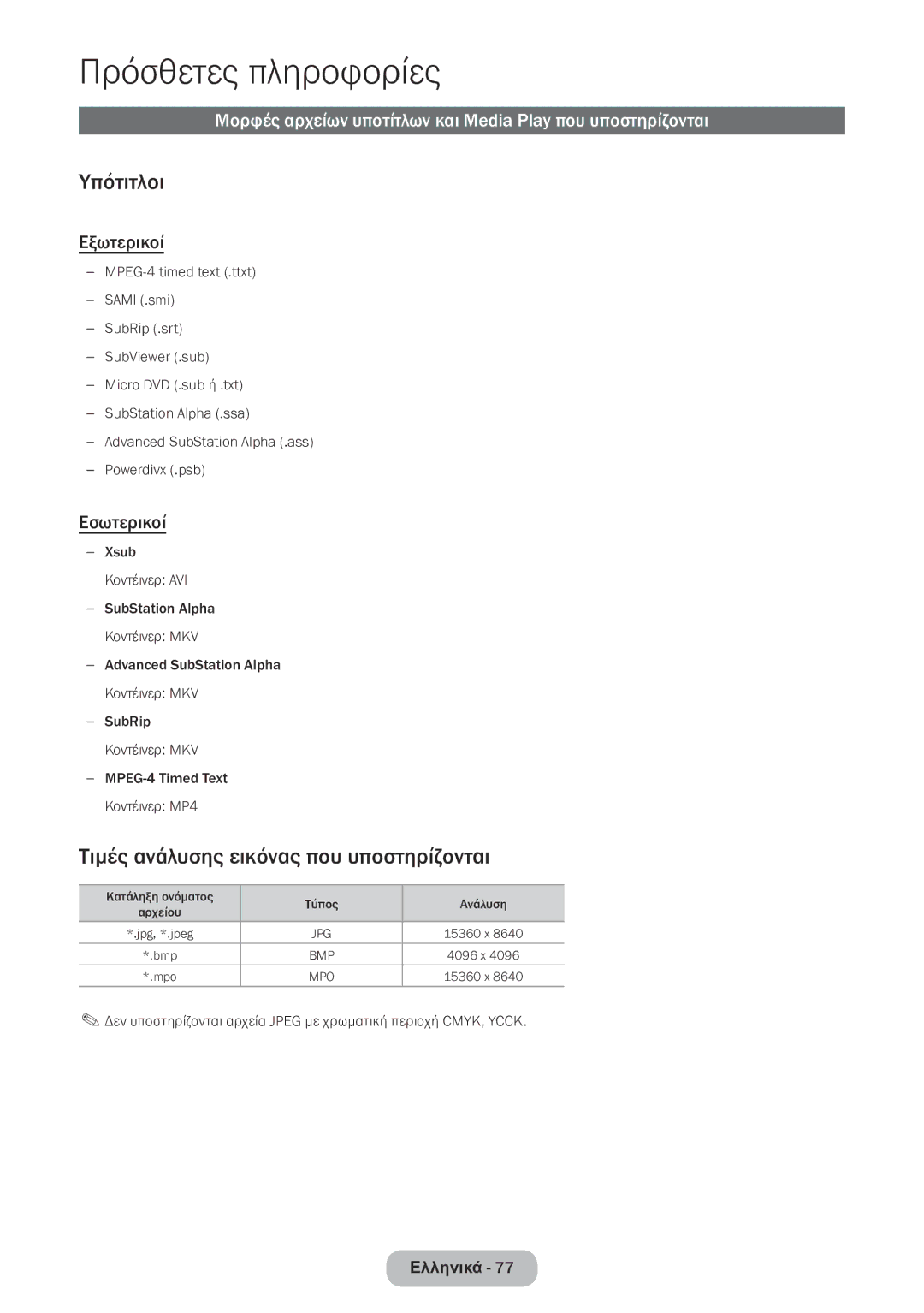 Samsung LT24E390EW/EN, LT22E390EW/EN manual Υπότιτλοι, Τιμές ανάλυσης εικόνας που υποστηρίζονται, Εξωτερικοί, Εσωτερικοί 