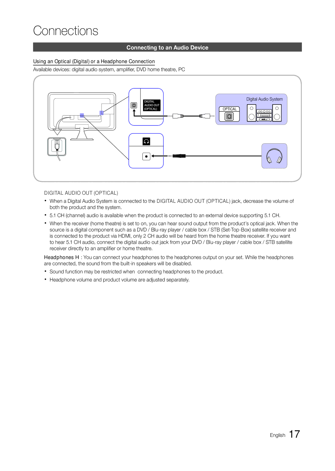 Samsung LT23A350MR/NG, LT23A350EW/EN manual Connecting to an Audio Device, Digital Audio OUT Optical, Digital Audio System 