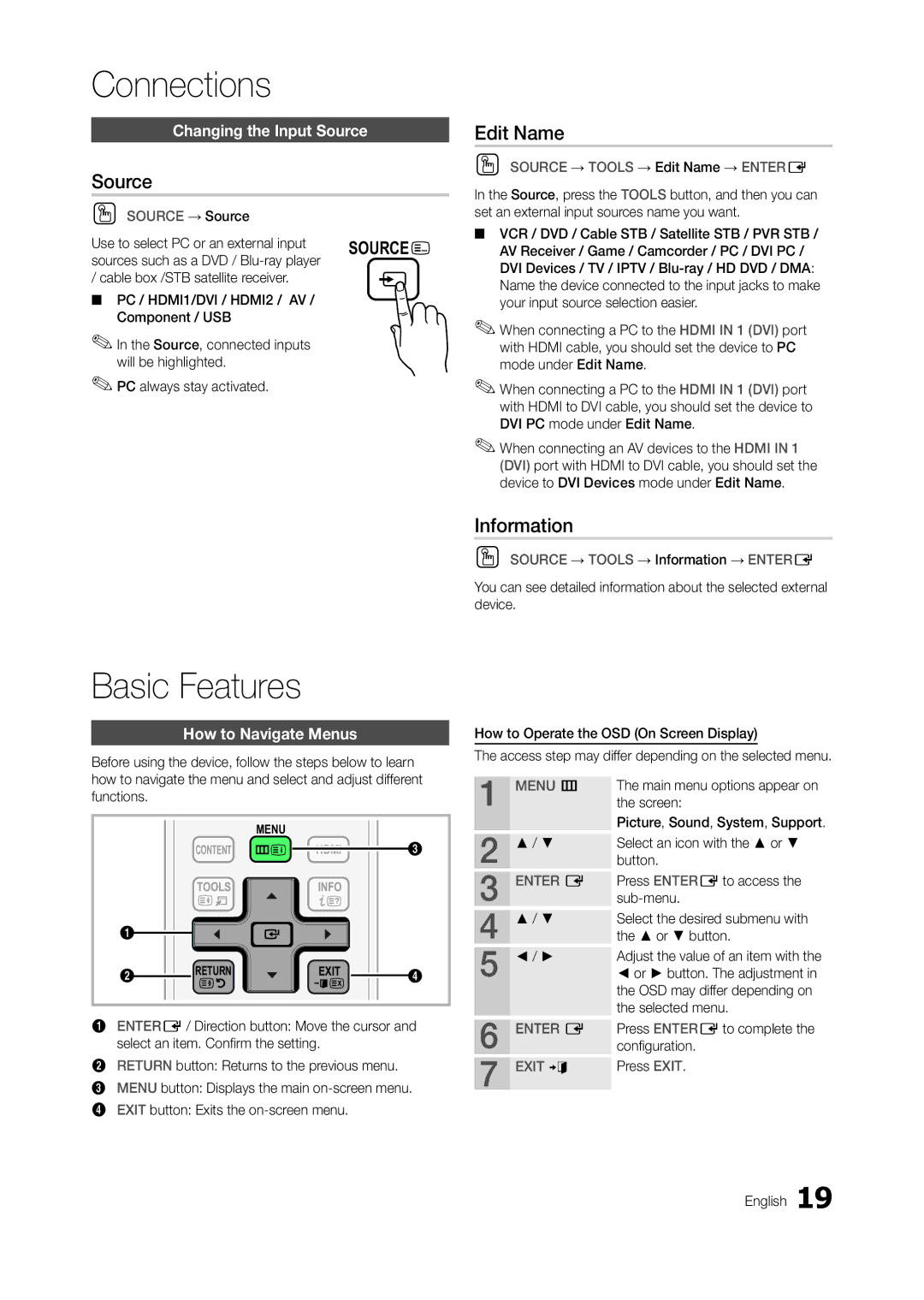 Samsung LT23A350MO/ZR, LT23A350EW/EN, LT23A350MO/SM, LT23A350EW/SM manual Basic Features, Source, Edit Name, Information 