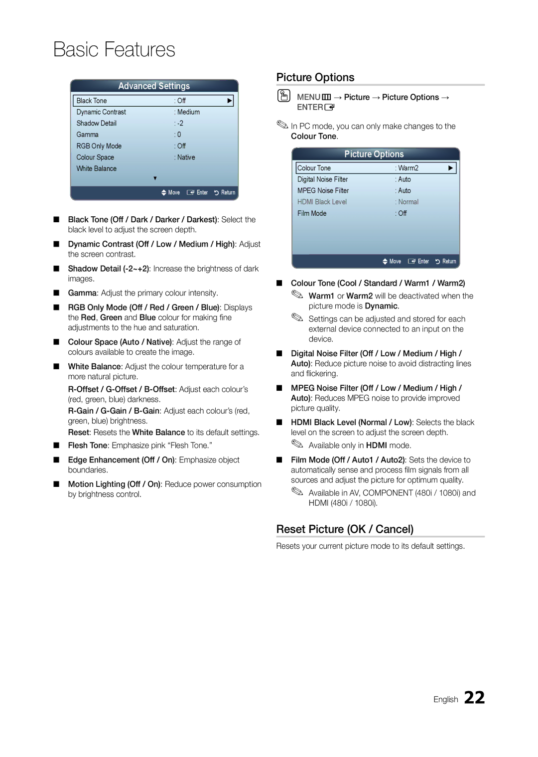 Samsung LT23A350MO/SM, LT23A350EW/EN, LT23A350EW/SM manual Picture Options, Reset Picture OK / Cancel, Advanced Settings 