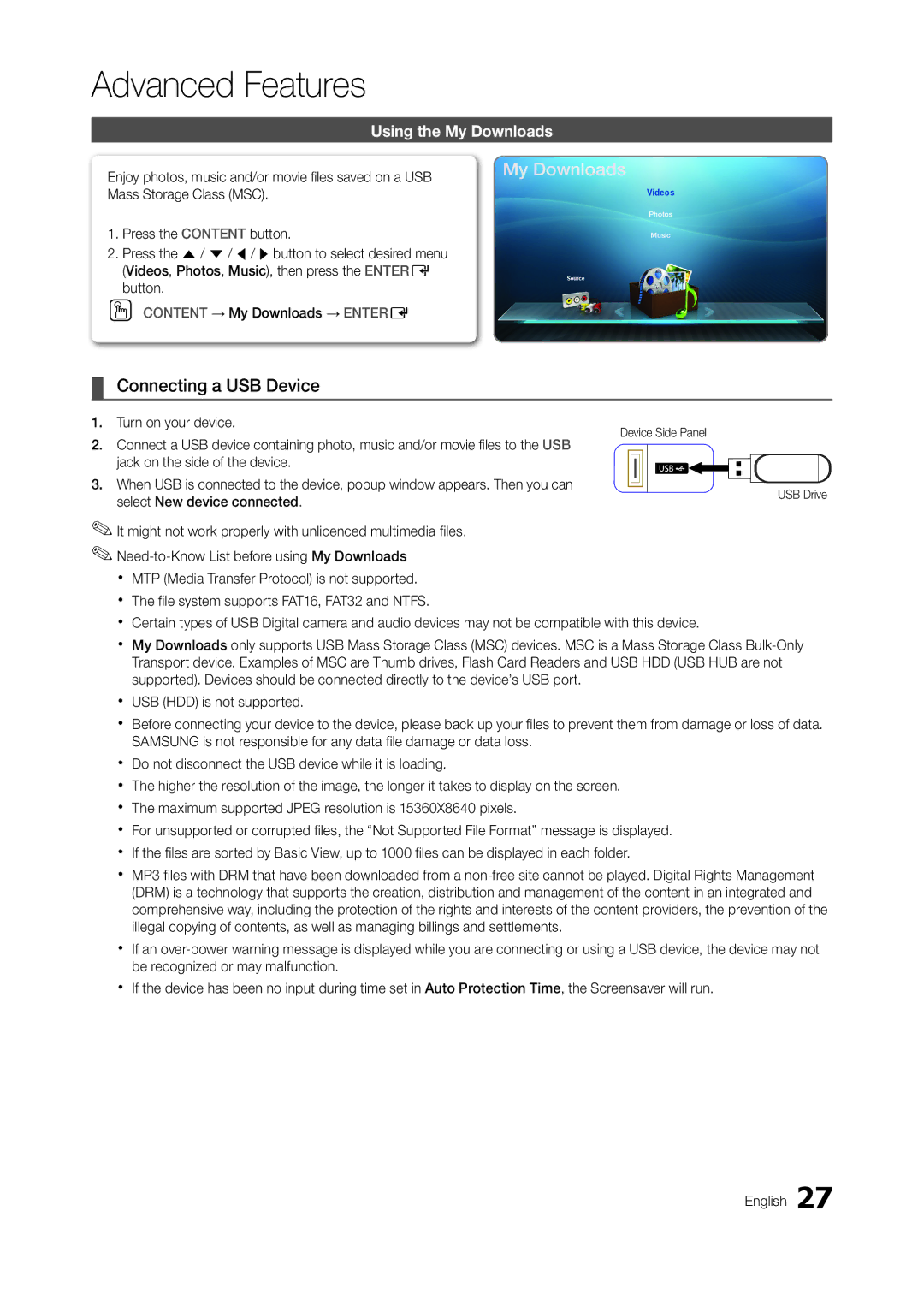 Samsung LT23A350MO/ZN, LT23A350EW/EN, LT23A350MO/SM Advanced Features, Connecting a USB Device, Using the My Downloads, Usb 