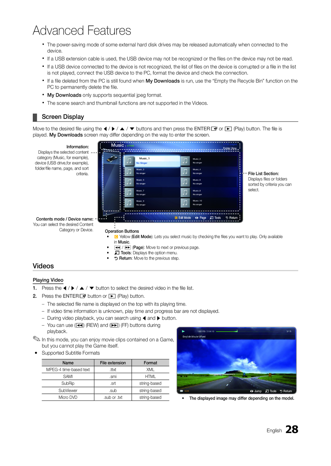 Samsung LT23A350EW/EN, LT23A350MO/SM, LT23A350EW/SM, LT23A350MR/NG manual Videos, Screen Display, Name File extension Format 