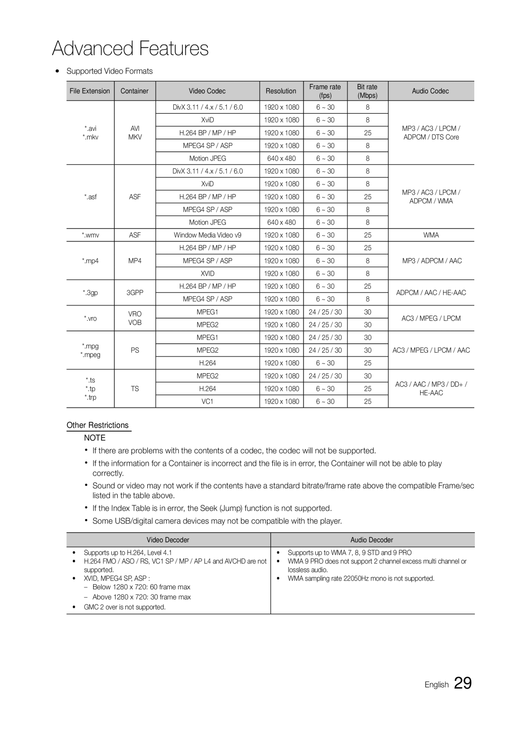 Samsung LT23A350MO/SM, LT23A350EW/EN, LT23A350EW/SM, LT23A350MR/NG, LT23A350MR/ZN, LT23A350MO/ZR Yy Supported Video Formats 