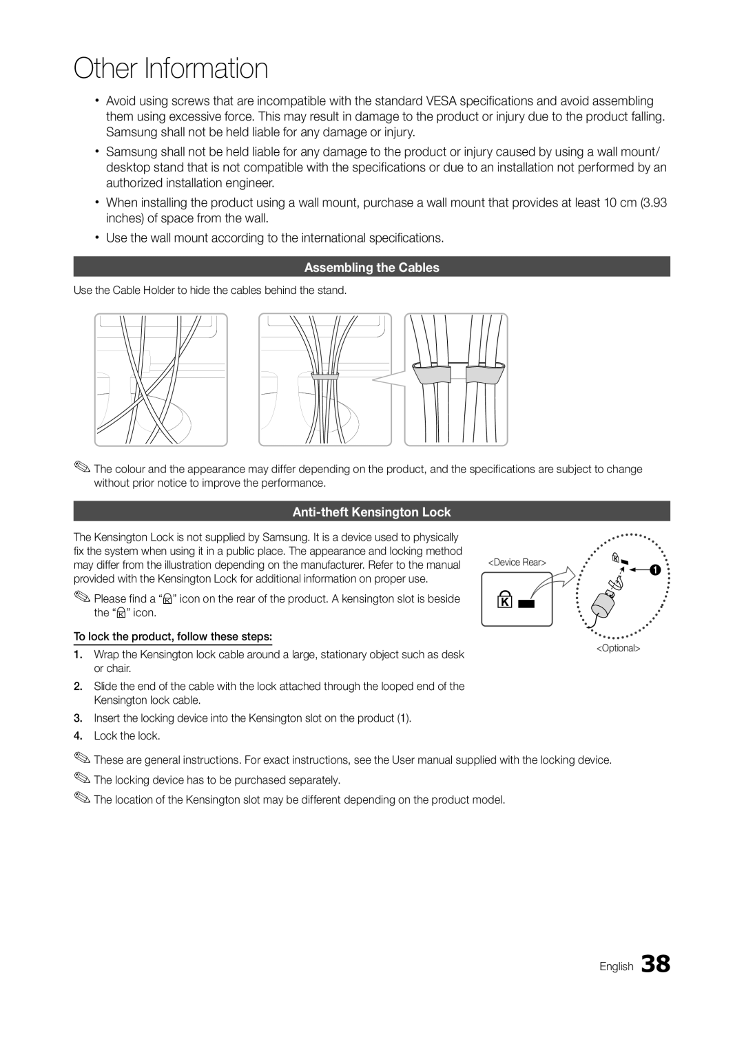 Samsung LT23A350MR/NG, LT23A350EW/EN, LT23A350MO/SM, LT23A350EW/SM manual Assembling the Cables, Anti-theft Kensington Lock 