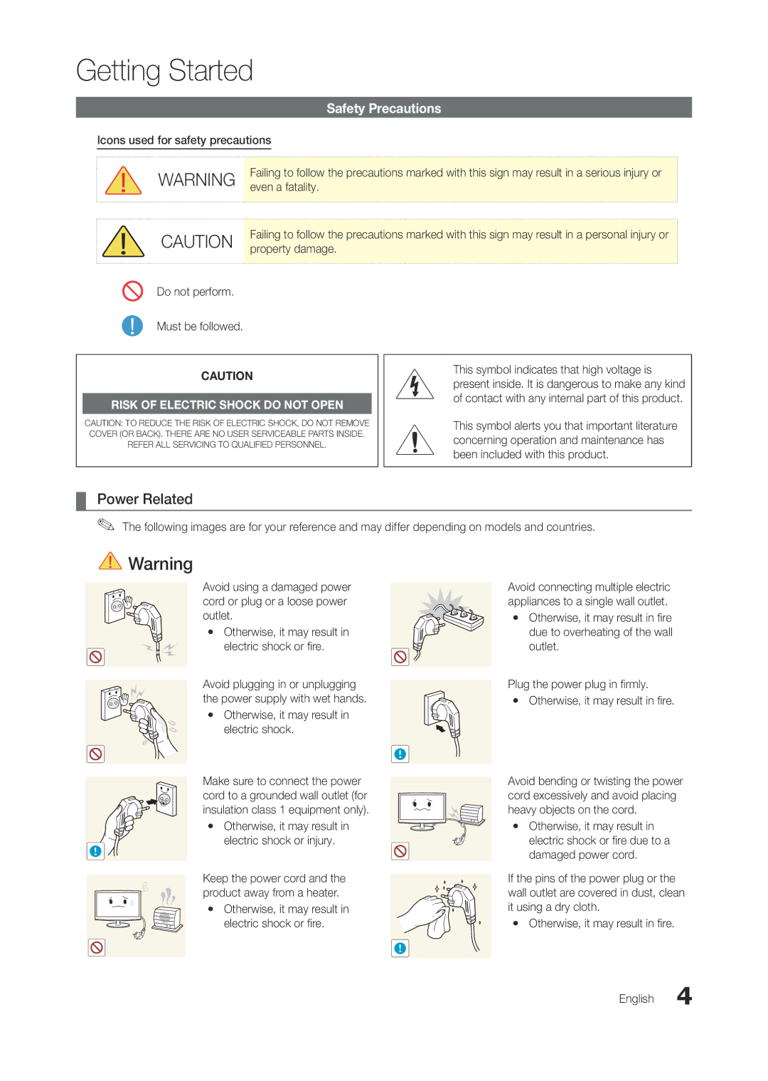 Samsung LT23A350MR/ZN, LT23A350EW/EN, LT23A350MO/SM, LT23A350EW/SM manual Getting Started, Power Related, Safety Precautions 