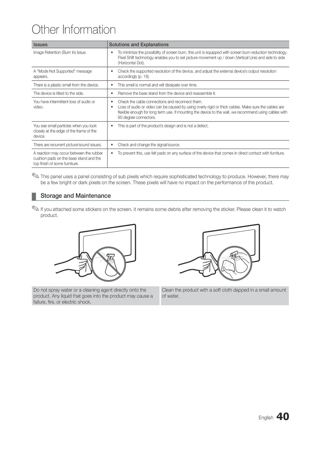 Samsung LT23A350MO/ZR, LT23A350EW/EN, LT23A350MO/SM, LT23A350EW/SM, LT23A350MR/NG, LT23A350MR/ZN manual Storage and Maintenance 