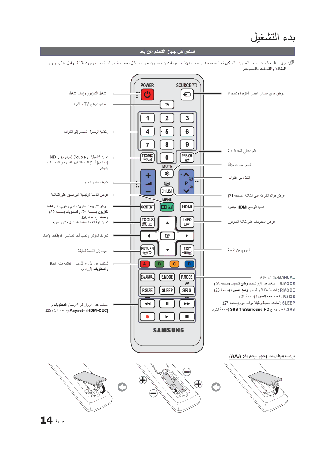 Samsung LT23A350MO/SM, LT23A350EW/EN manual دعبُ نع مكحتلا زاهج ضارعتسا, Aaa ةيراطبلا مجح تايراطبلا بيكرت, 14 ةيبرعلا 