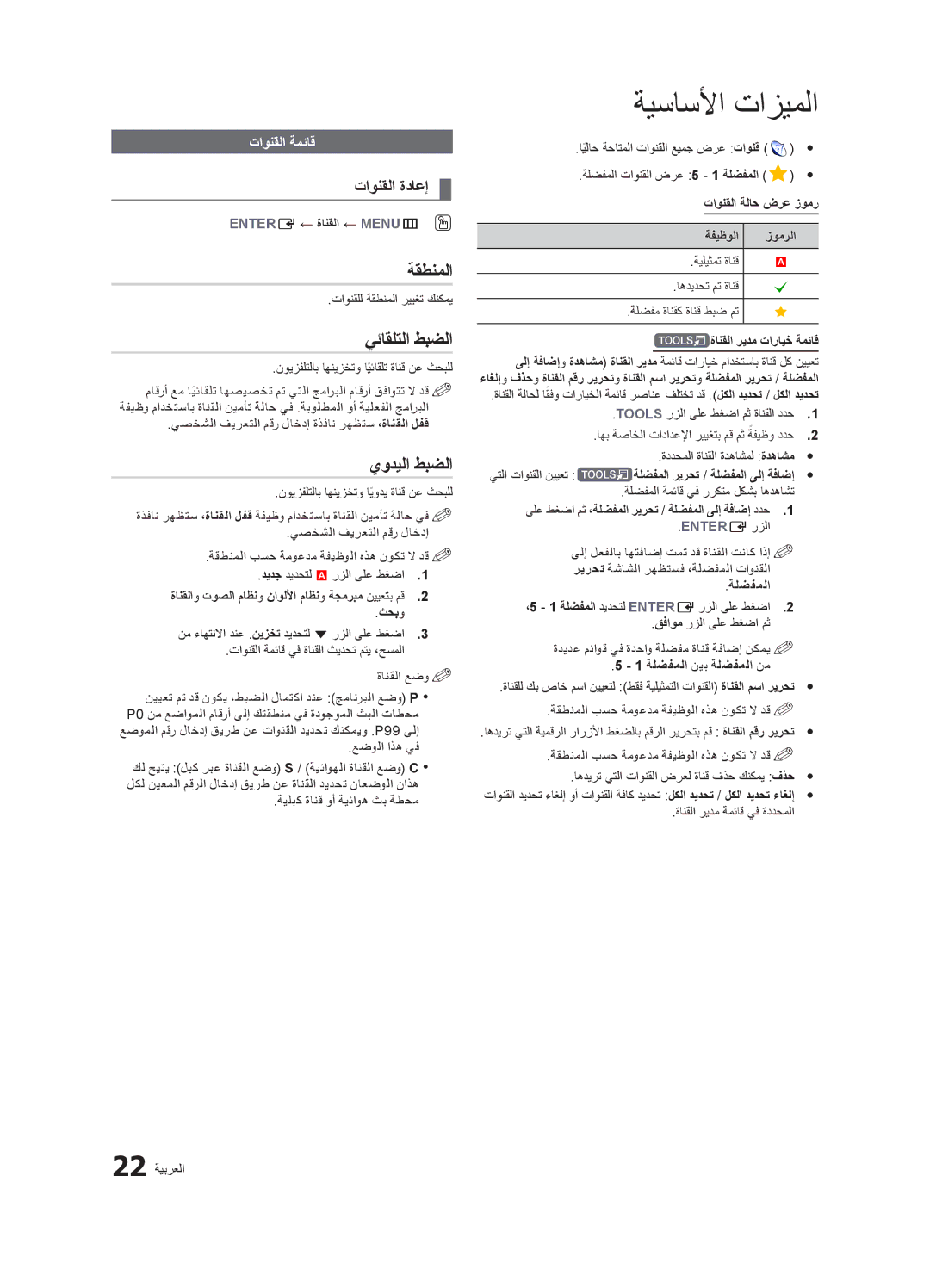 Samsung LT23A350EW/EN, LT27A550EW/EN, LT22A350MR/NG ةقطنملا, يئاقلتلا طبضلا, يوديلا طبضلا, تاونقلا ةداعإ, تاونقلا ةمئاق 