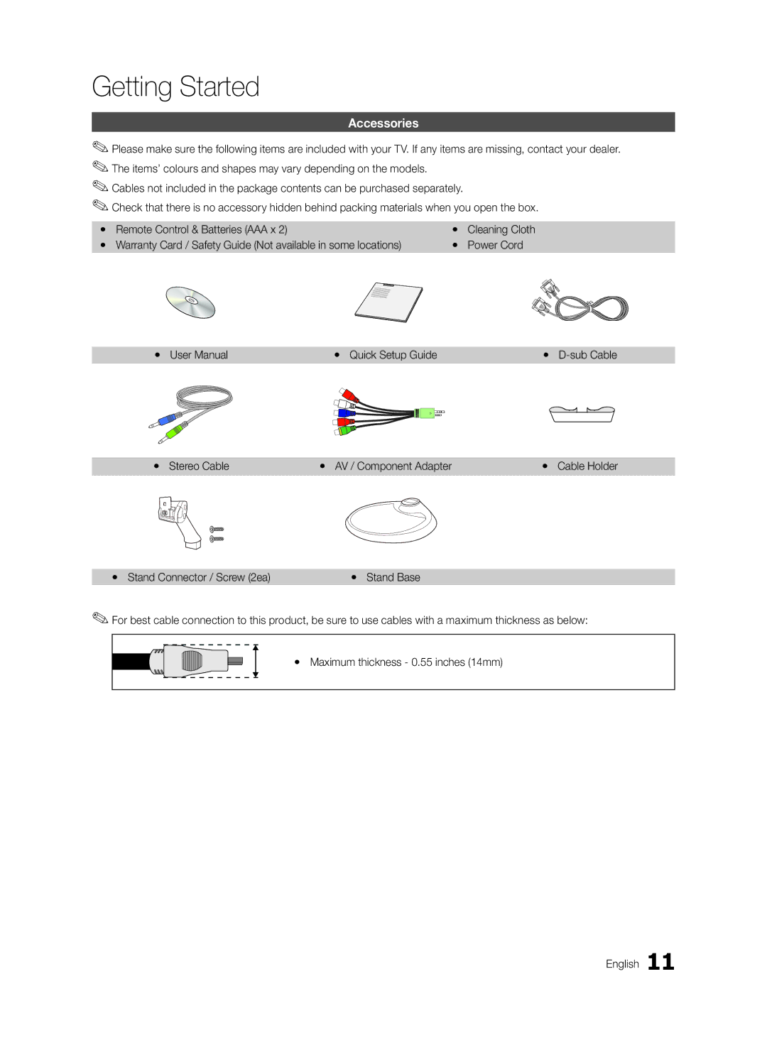 Samsung LT23A350EW/EN manual Accessories, Yy Stereo Cable Yy AV / Component Adapter, Yy Stand Connector / Screw 2ea 