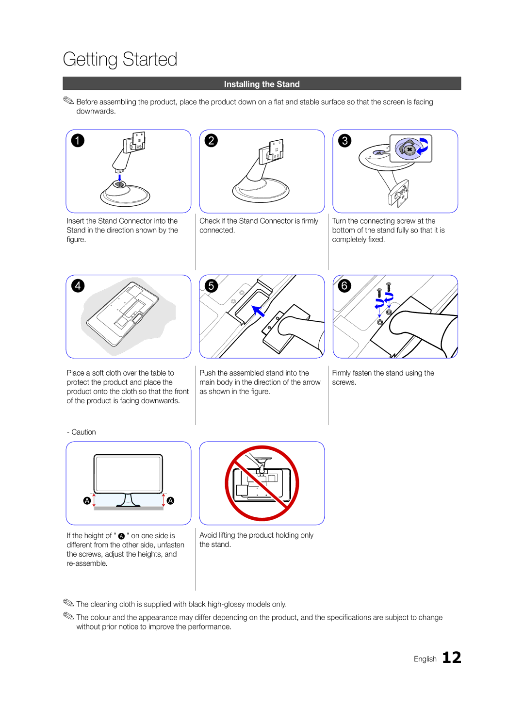 Samsung LT27A550EW/EN, LT23A350EW/EN, LT22A350MR/NG, LT23A350MO/SM, LT27A550MR/ZN, LT22A350MR/ZN manual Installing the Stand 