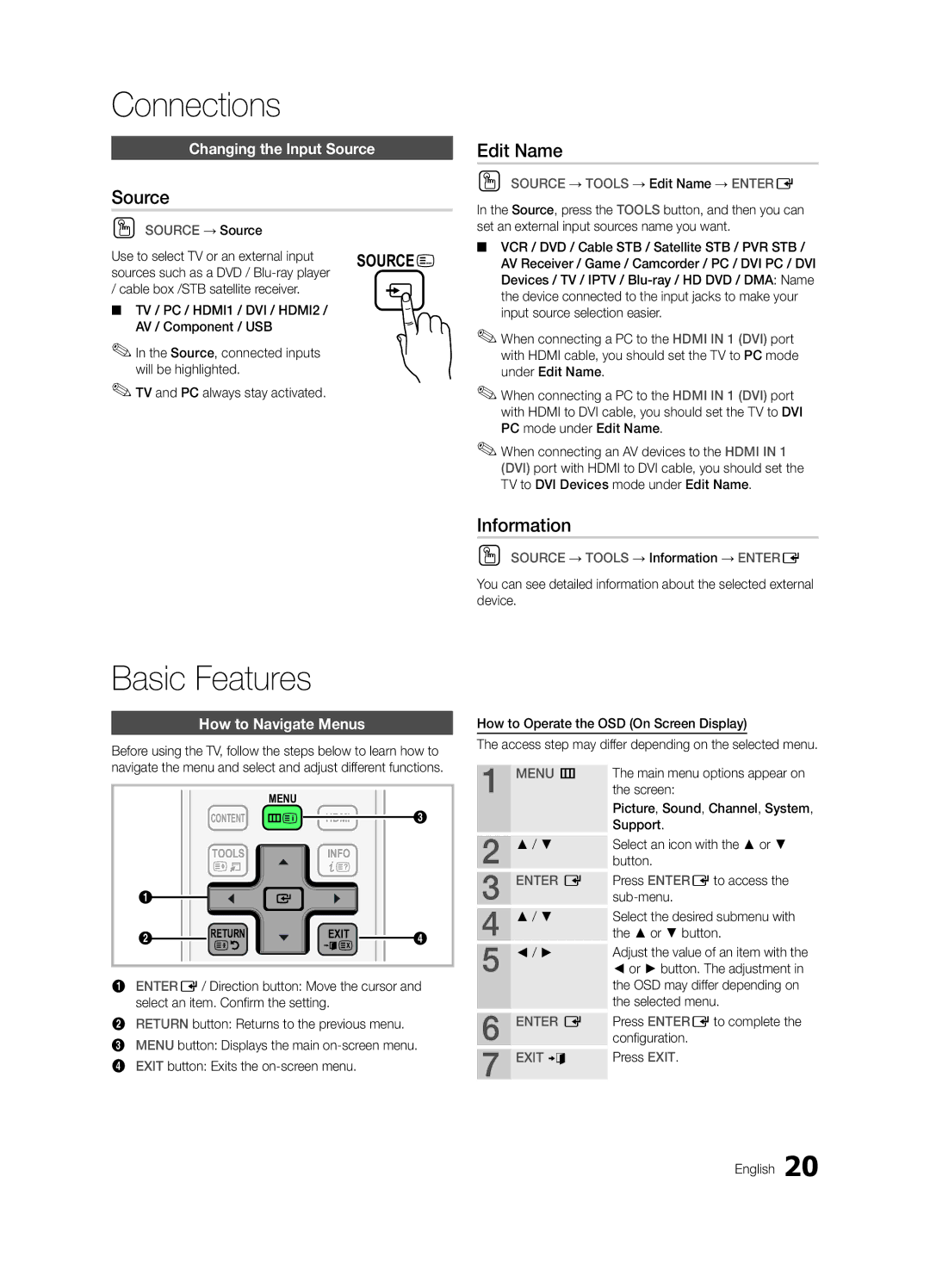 Samsung LT23A350MO/ZR, LT23A350EW/EN manual Edit Name, Information, Changing the Input Source, How to Navigate Menus 