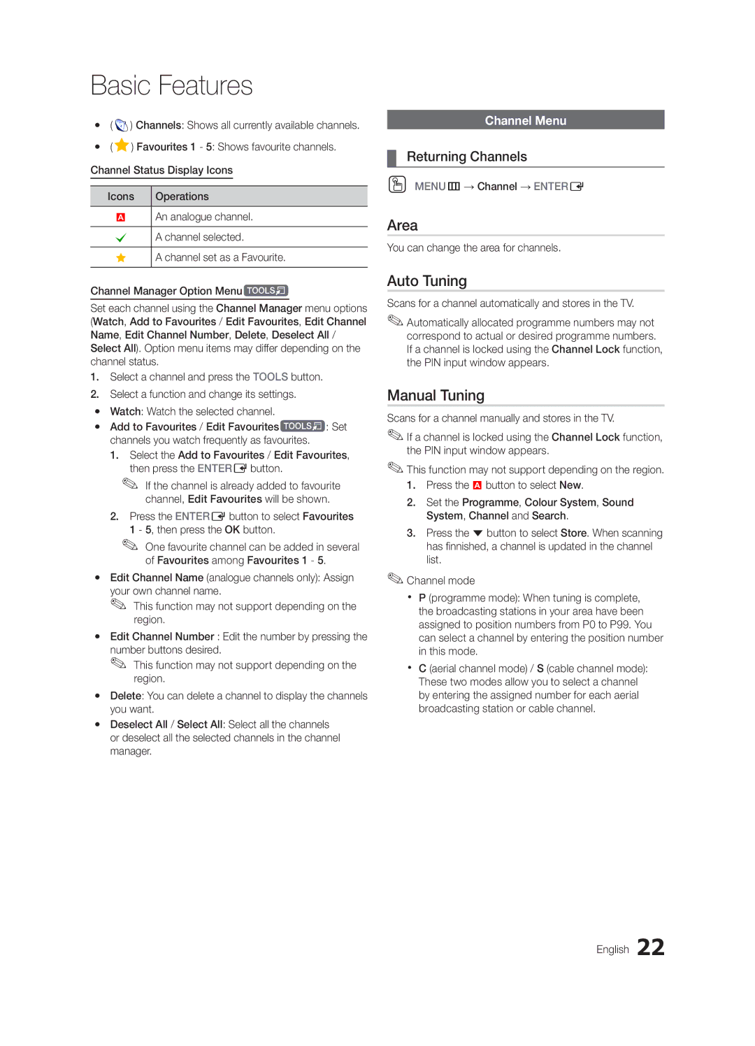 Samsung LT23A350EW/EN, LT27A550EW/EN, LT22A350MR/NG manual Area, Auto Tuning, Manual Tuning, Returning Channels, Channel Menu 