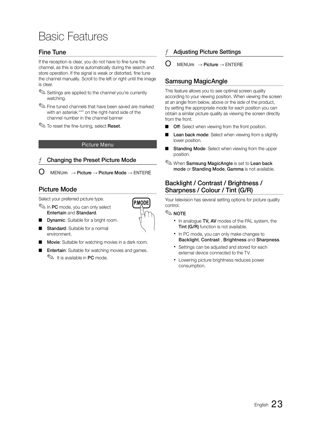 Samsung LT27A550EW/EN Fine Tune, Samsung MagicAngle, Changing the Preset Picture Mode, Adjusting Picture Settings 