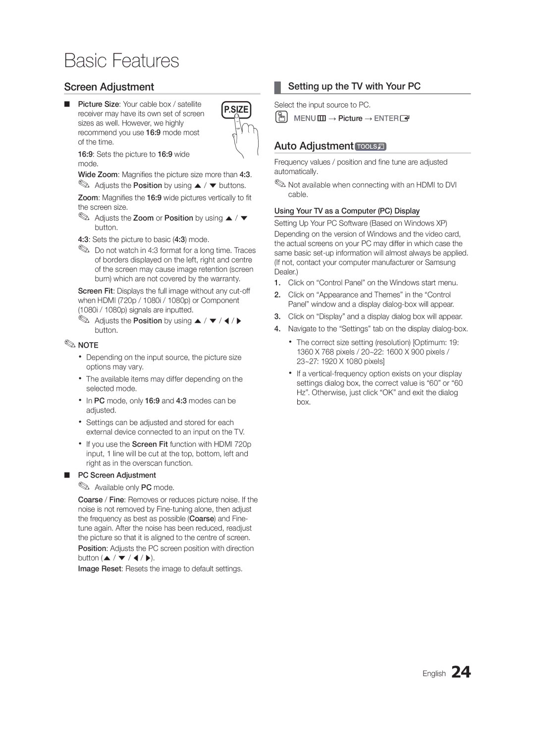 Samsung LT22A350MR/NG, LT23A350EW/EN, LT27A550EW/EN Screen Adjustment, Auto Adjustmentt, Setting up the TV with Your PC 