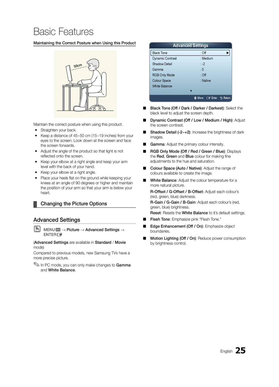 Samsung LT23A350MO/SM, LT23A350EW/EN manual Changing the Picture Options, OO MENUm→ Picture → Advanced Settings → 