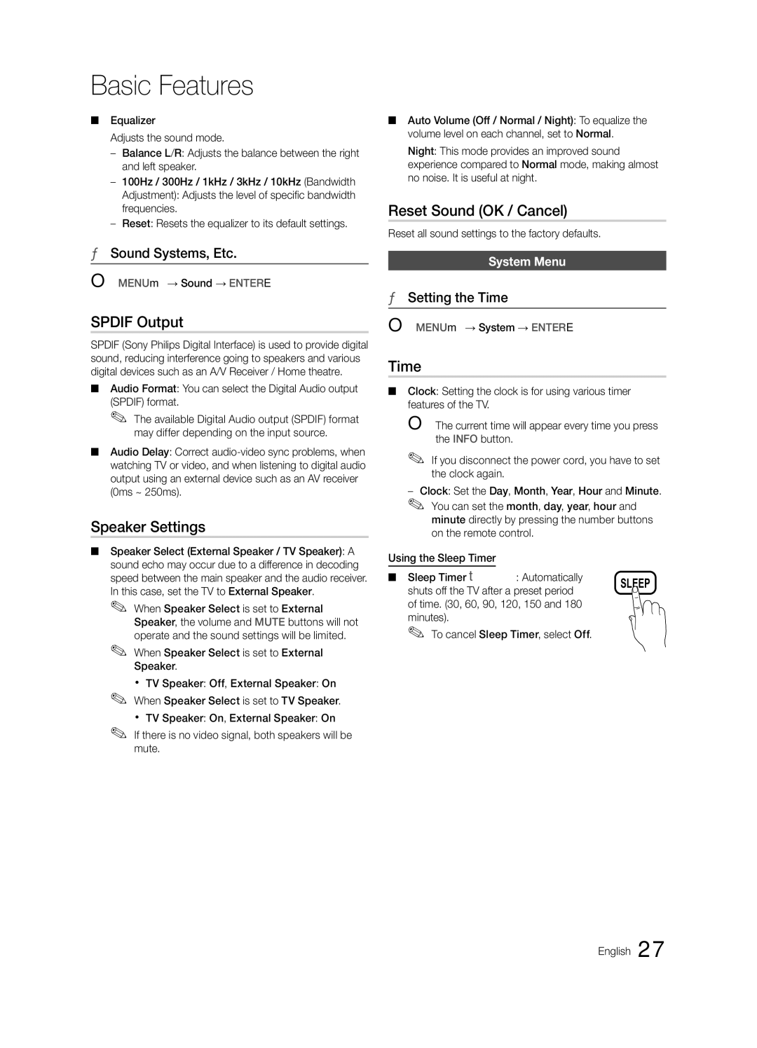Samsung LT22A350MR/ZN, LT23A350EW/EN, LT27A550EW/EN manual Spdif Output, Speaker Settings, Reset Sound OK / Cancel, Time 