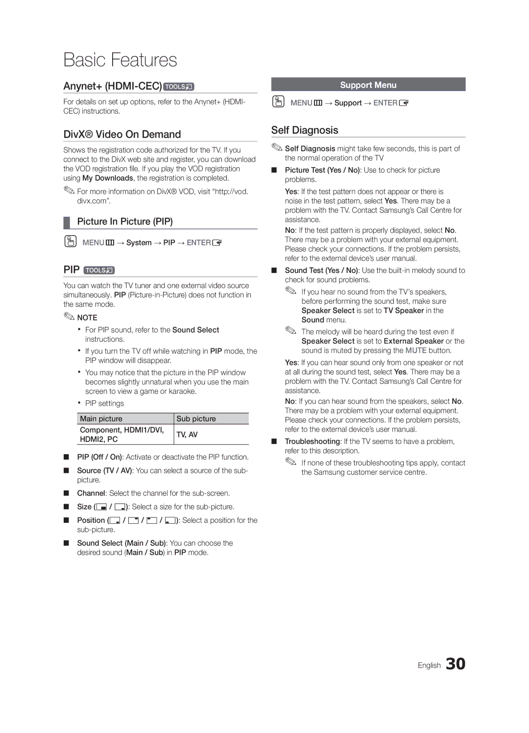 Samsung LT23A350MR/ZN manual Anynet+ HDMI-CECt, DivX Video On Demand, PIP t, Self Diagnosis, Picture In Picture PIP 