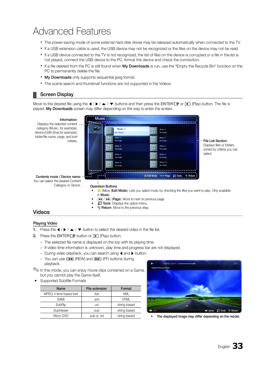 Samsung LT23A350EW/EN, LT27A550EW/EN, LT22A350MR/NG, LT23A350MO/SM manual Videos, Screen Display, Name File extension Format 