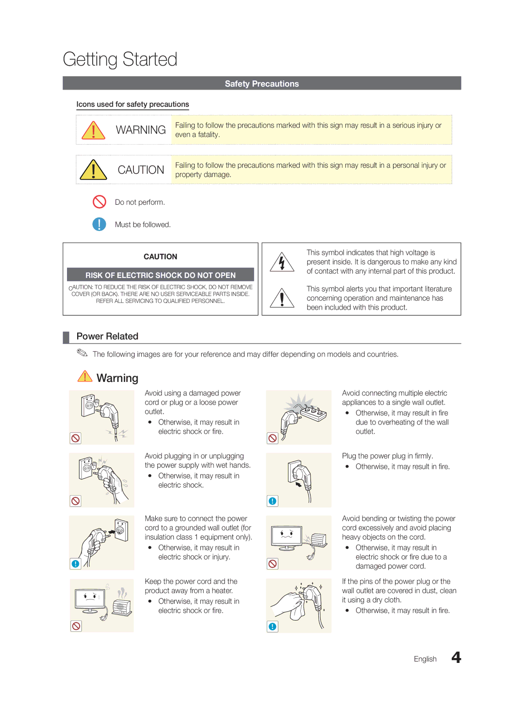 Samsung LT27A550MR/ZN, LT23A350EW/EN, LT27A550EW/EN, LT22A350MR/NG, LT23A350MO/SM manual Power Related, Safety Precautions 