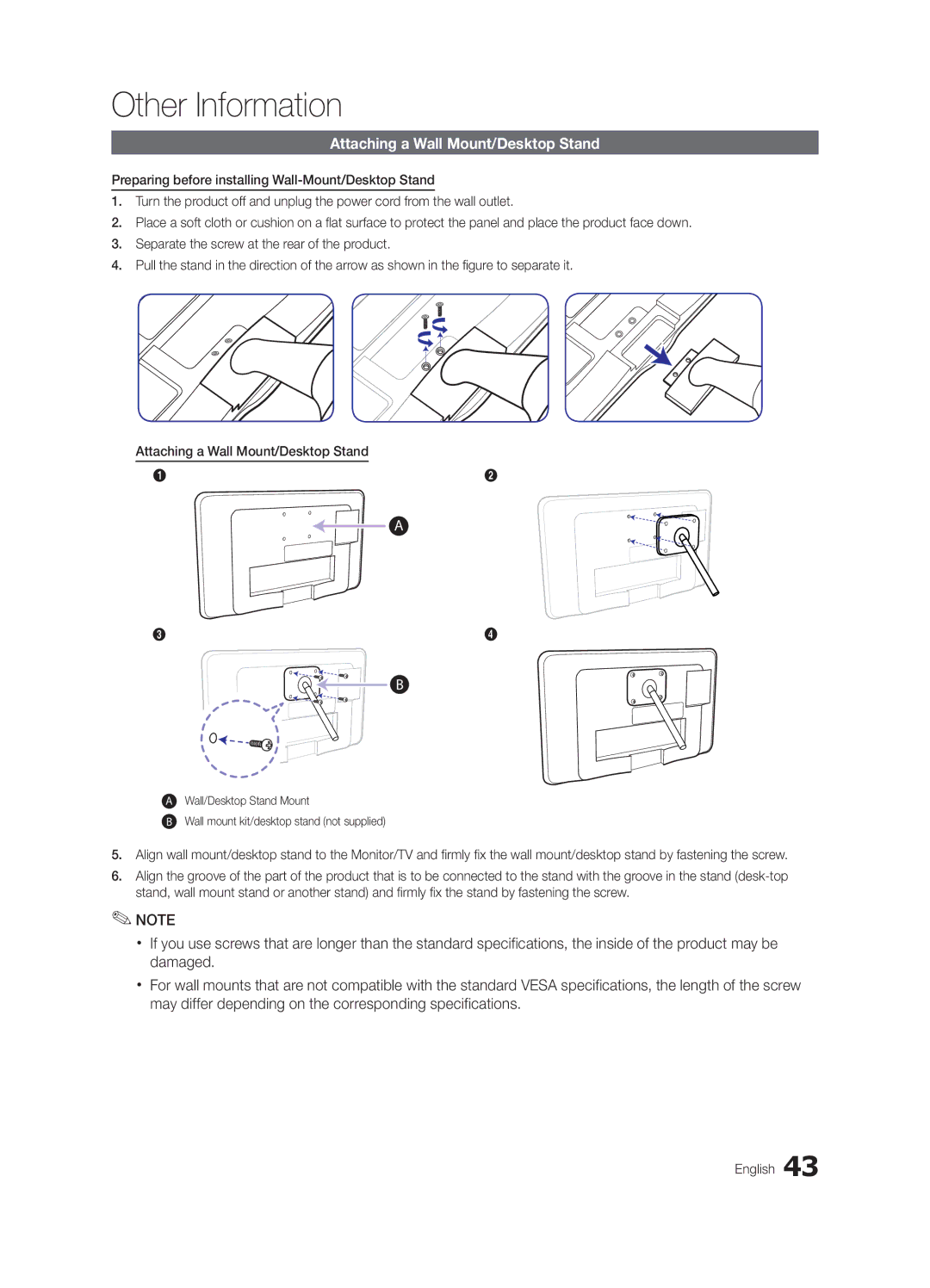 Samsung LT23A350MO/ZN, LT23A350EW/EN, LT27A550EW/EN, LT22A350MR/NG, LT23A350MO/SM manual Attaching a Wall Mount/Desktop Stand 