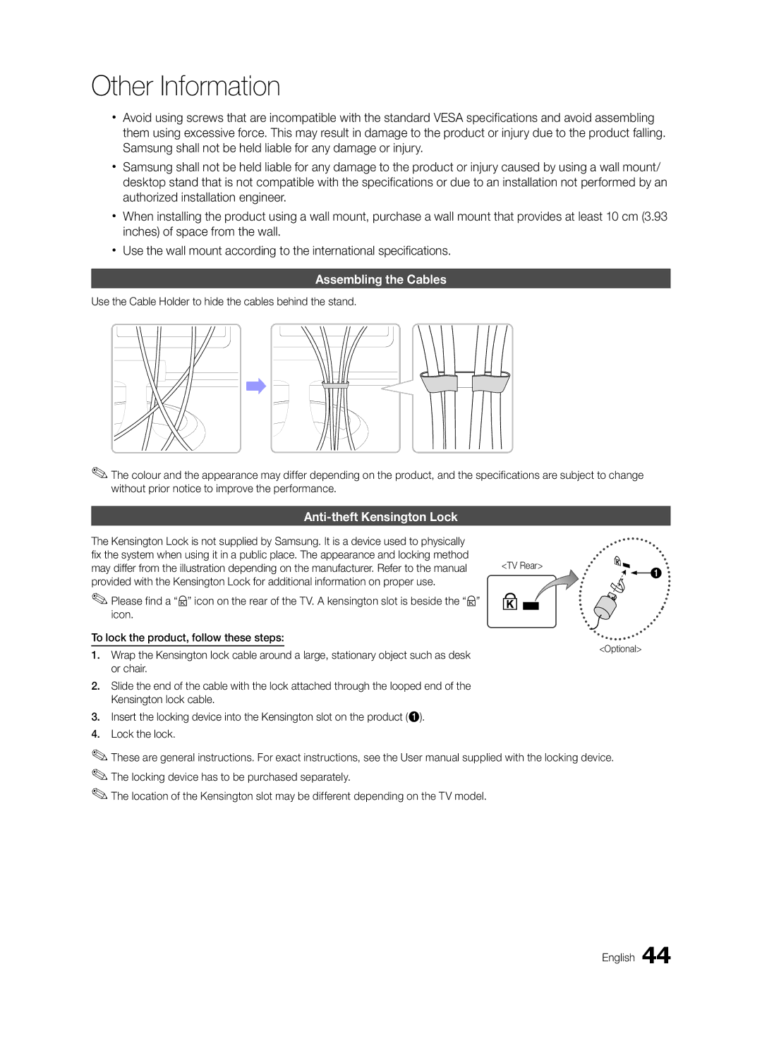 Samsung LT23A350EW/EN, LT27A550EW/EN, LT22A350MR/NG, LT23A350MO/SM manual Assembling the Cables, Anti-theft Kensington Lock 