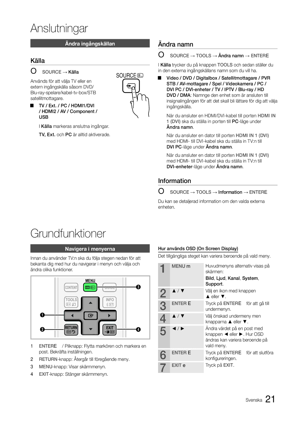 Samsung LT23A550RW/XE, LT24A350RW/XE manual Källa, Ändra namn, Information, Ändra ingångskällan, Navigera i menyerna 