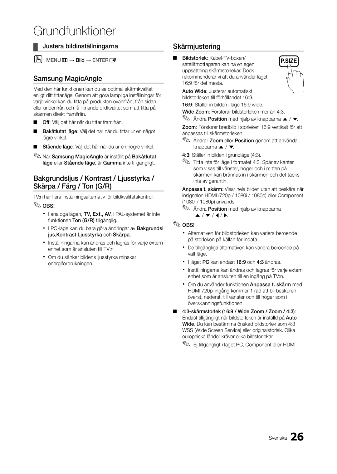 Samsung LT27A550RW/XE, LT23A550RW/XE, LT24A350RW/XE manual Samsung MagicAngle, Skärmjustering, Justera bildinställningarna 