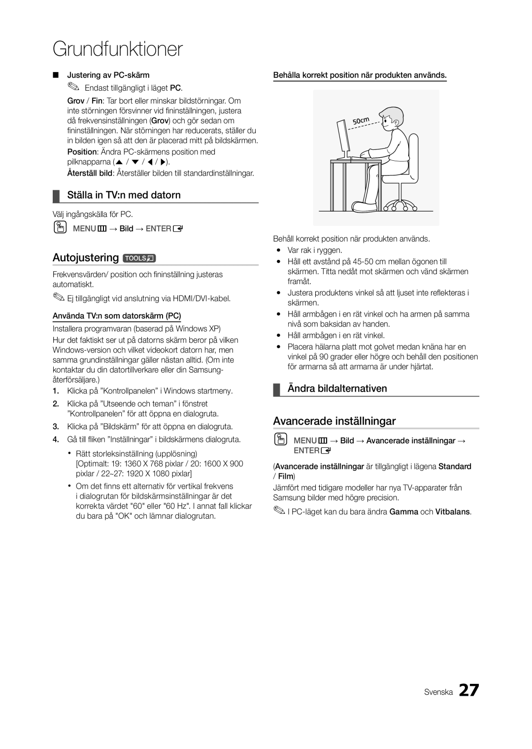 Samsung LT23A350RW/XE manual Autojustering t, Avancerade inställningar, Ställa in TVn med datorn, Ändra bildalternativen 