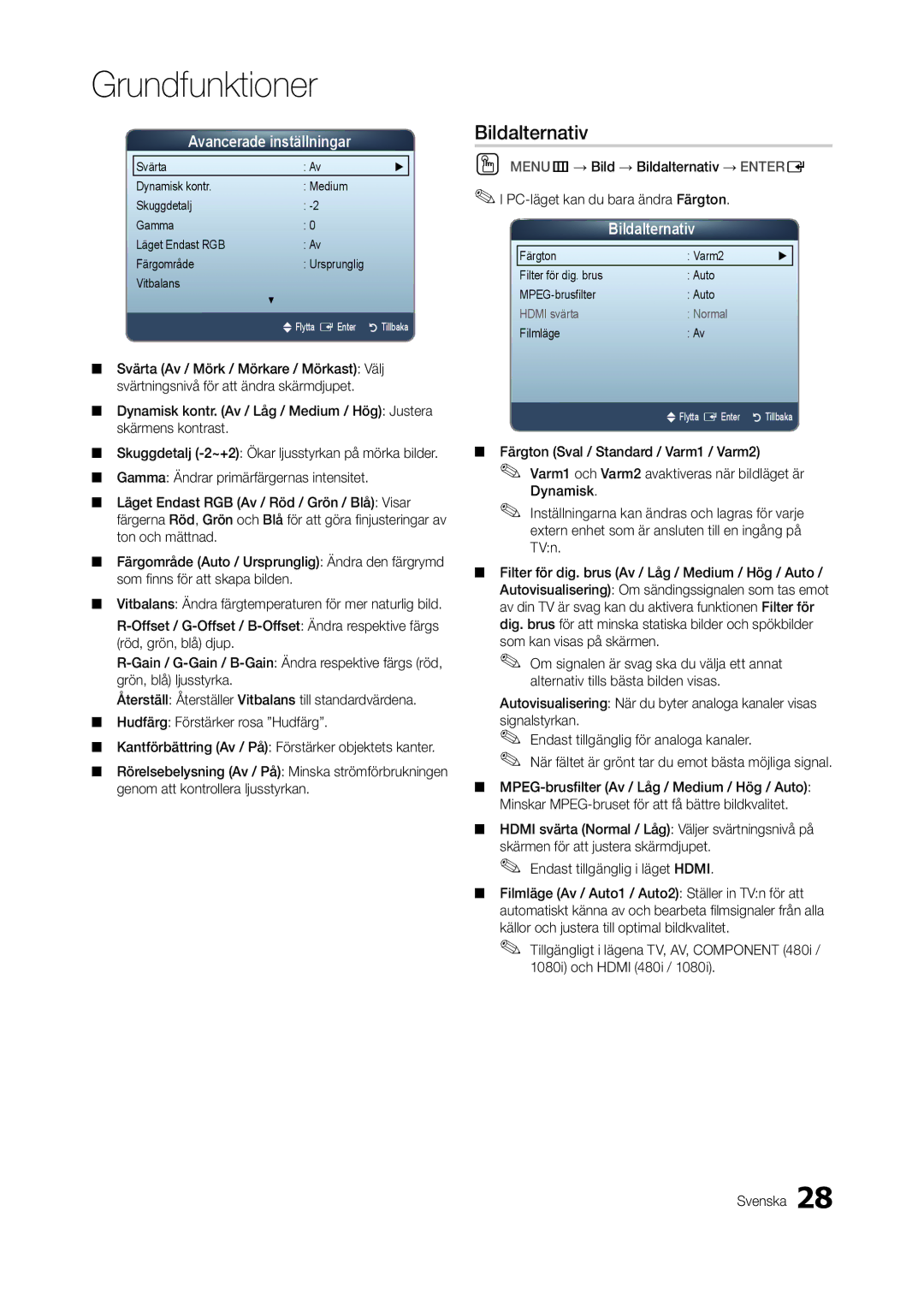 Samsung LT23A550RW/XE manual Bildalternativ, Avancerade inställningar, Kantförbättring Av / På Förstärker objektets kanter 