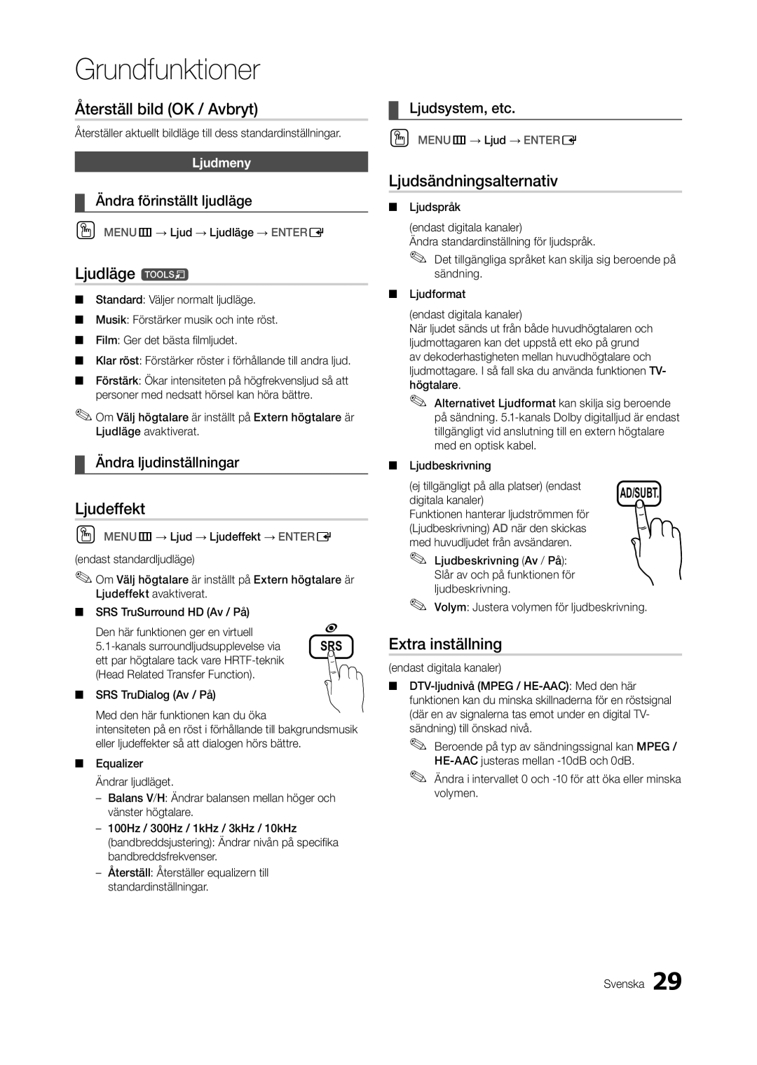 Samsung LT24A350RW/XE manual Återställ bild OK / Avbryt, Ljudläge t, Ljudeffekt, Ljudsändningsalternativ, Extra inställning 