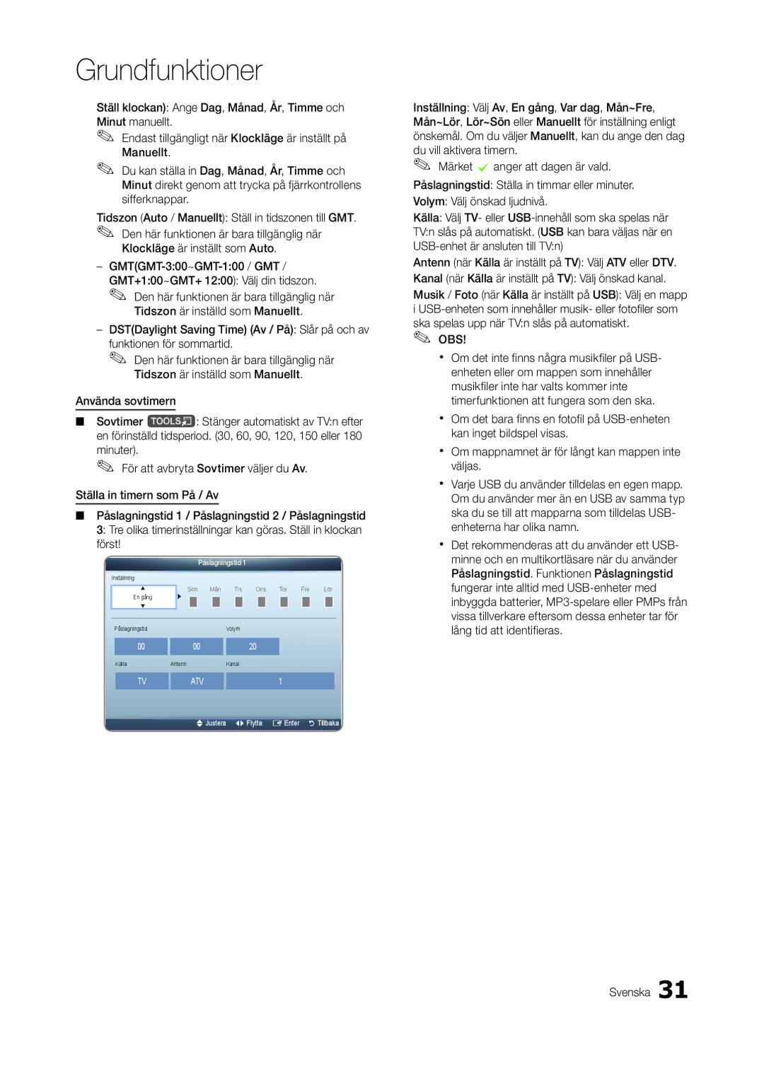 Samsung LT22A350RW/XE, LT23A550RW/XE, LT24A350RW/XE manual Ska spelas upp när TVn slås på automatiskt. OBS, Påslagningstid 