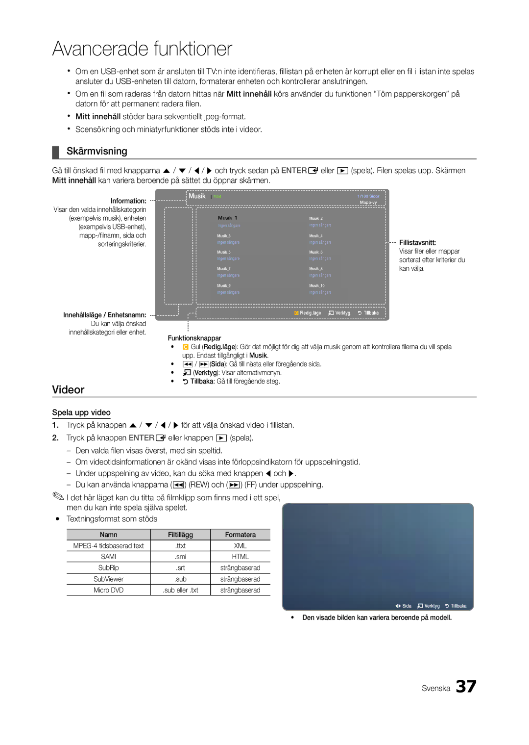 Samsung LT24A550RW/XE, LT23A550RW/XE, LT24A350RW/XE, LT22A350RW/XE, LT22A550RW/XE manual Videor, Namn Filtillägg Formatera 