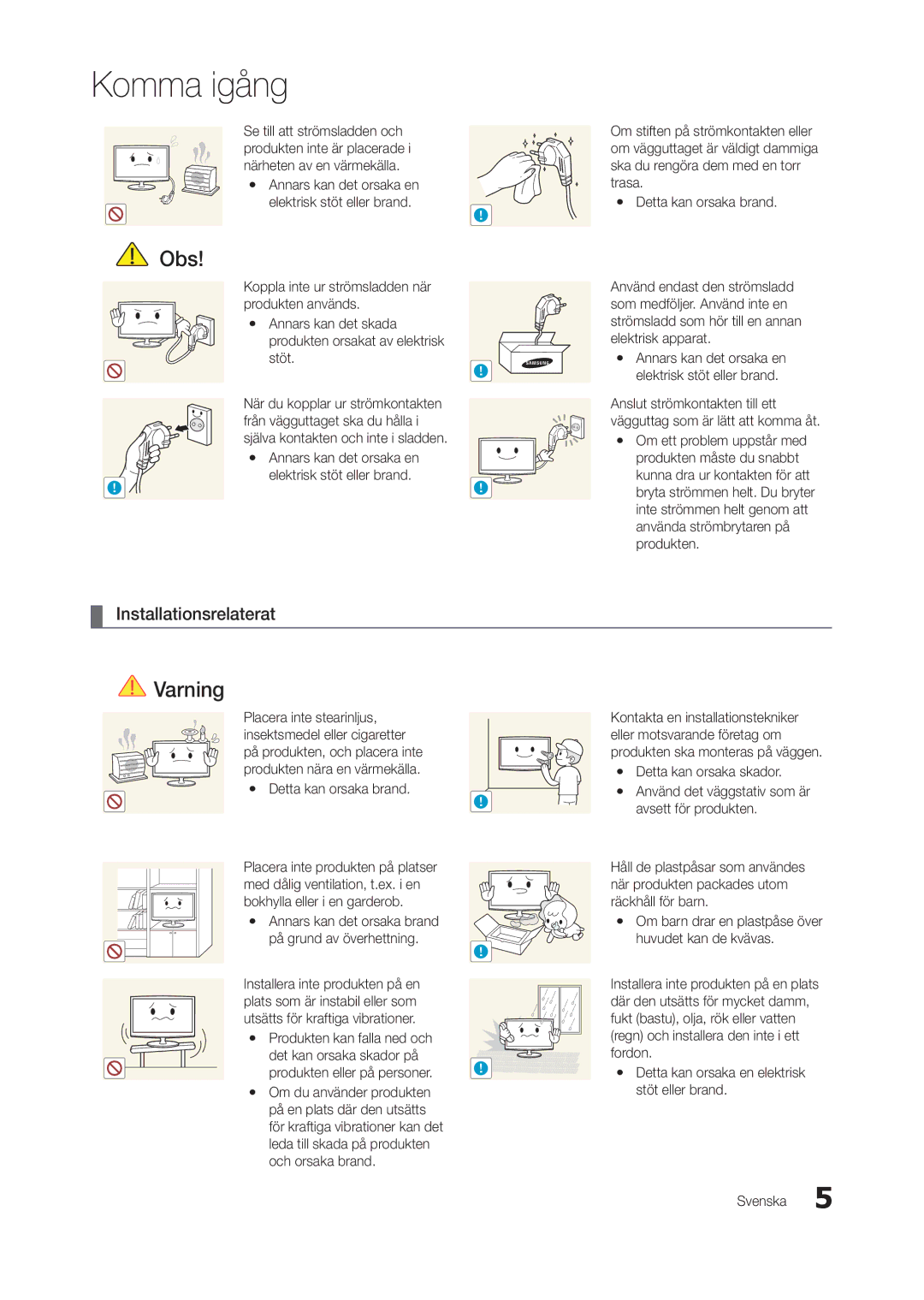 Samsung LT27A550RW/XE, LT23A550RW/XE manual Installationsrelaterat, Annars kan det orsaka brand På grund av överhettning 