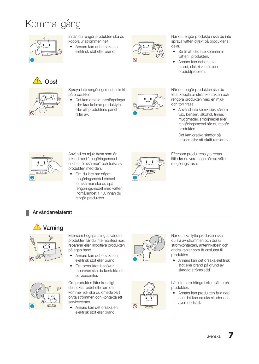 Samsung LT23A550RW/XE, LT24A350RW/XE manual Användarrelaterat, Innan du rengör produkten ska du koppla ur strömmen helt 