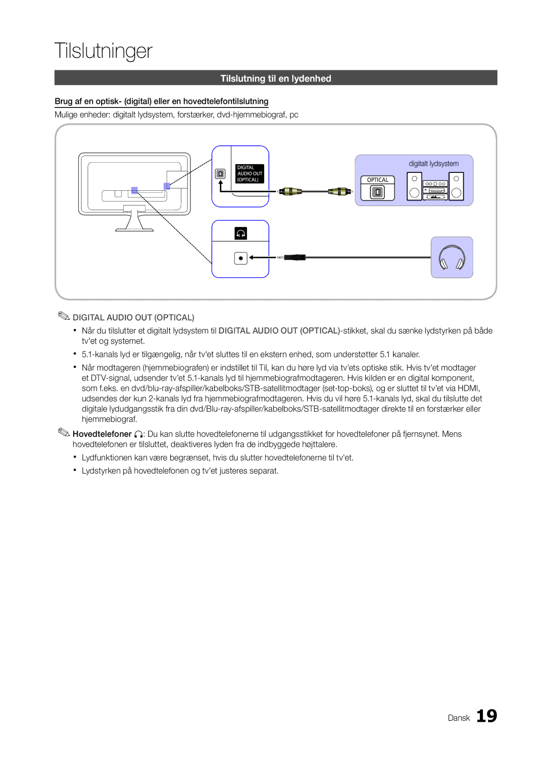 Samsung LT27A550RW/XE, LT23A550RW/XE, LT24A350RW/XE, LT24A550RW/XE manual Tilslutning til en lydenhed, Digitalt lydsystem 