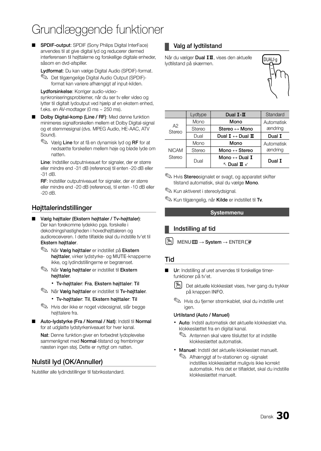 Samsung LT24A550RW/XE manual Højttalerindstillinger, Nulstil lyd OK/Annuller, Tid, Valg af lydtilstand, Indstilling af tid 