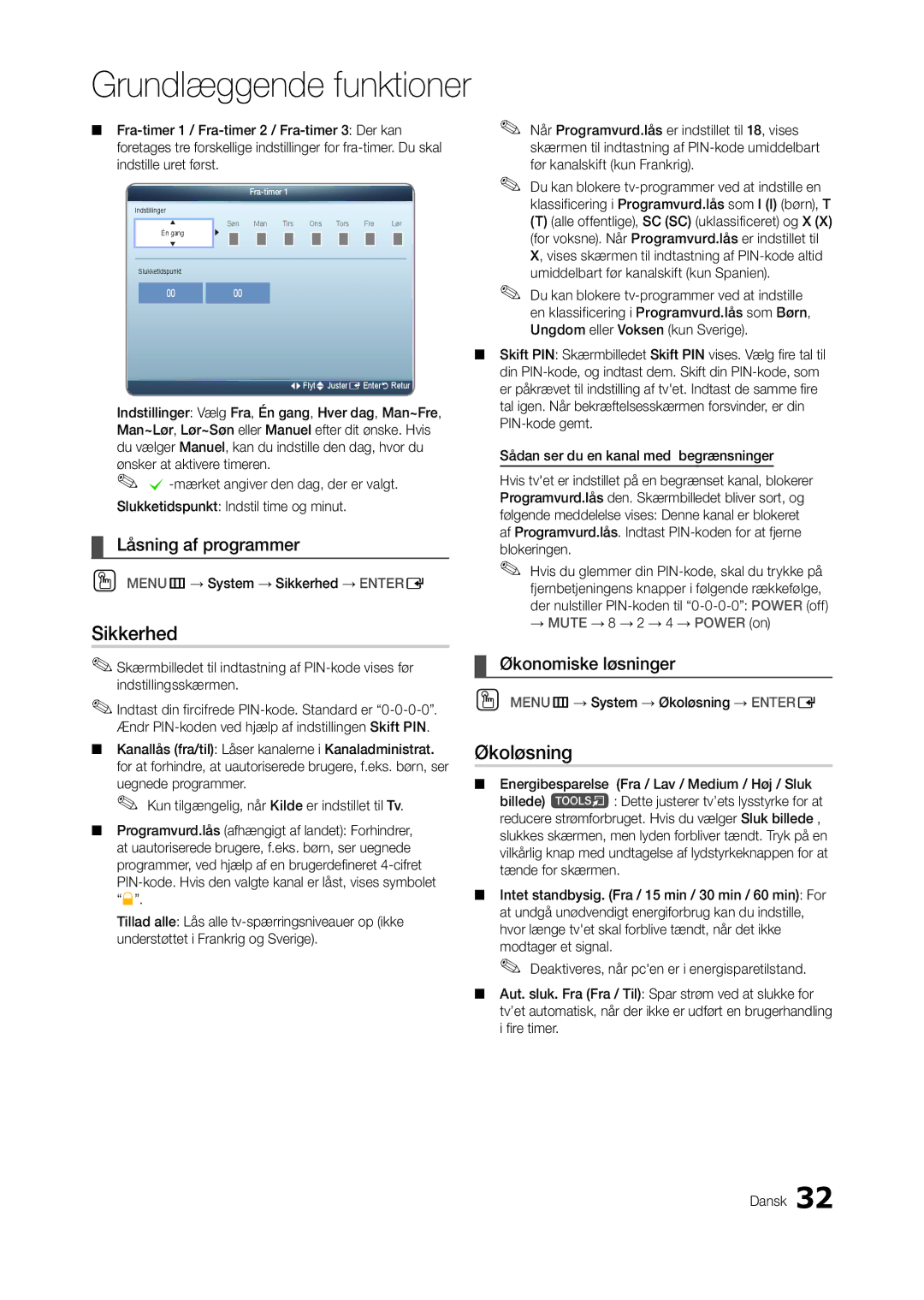 Samsung LT22A550RW/XE, LT23A550RW/XE, LT24A350RW/XE manual Sikkerhed, Økoløsning, Låsning af programmer, Økonomiske løsninger 