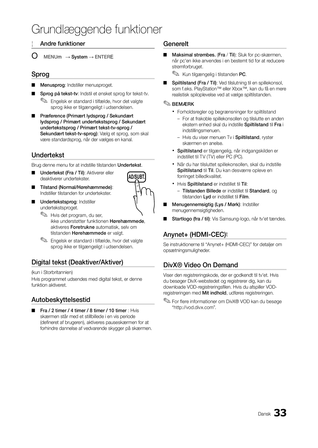 Samsung LT27A550RW/XE Sprog, Undertekst, Generelt, Anynet+ HDMI-CECt, Digital tekst Deaktiver/Aktiver, Autobeskyttelsestid 