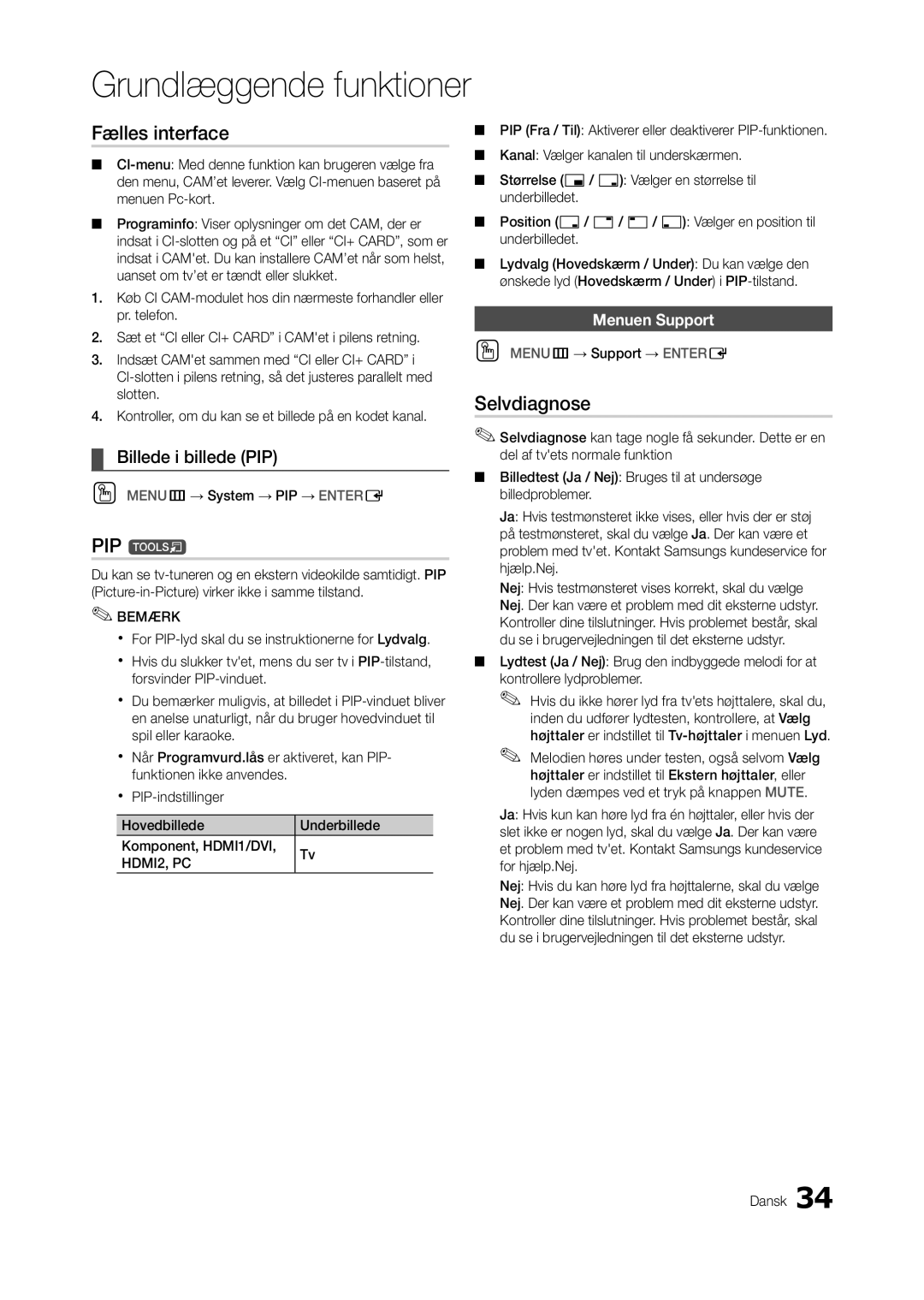 Samsung LT23A350RW/XE, LT23A550RW/XE manual Fælles interface, PIP t, Selvdiagnose, Billede i billede PIP, Menuen Support 