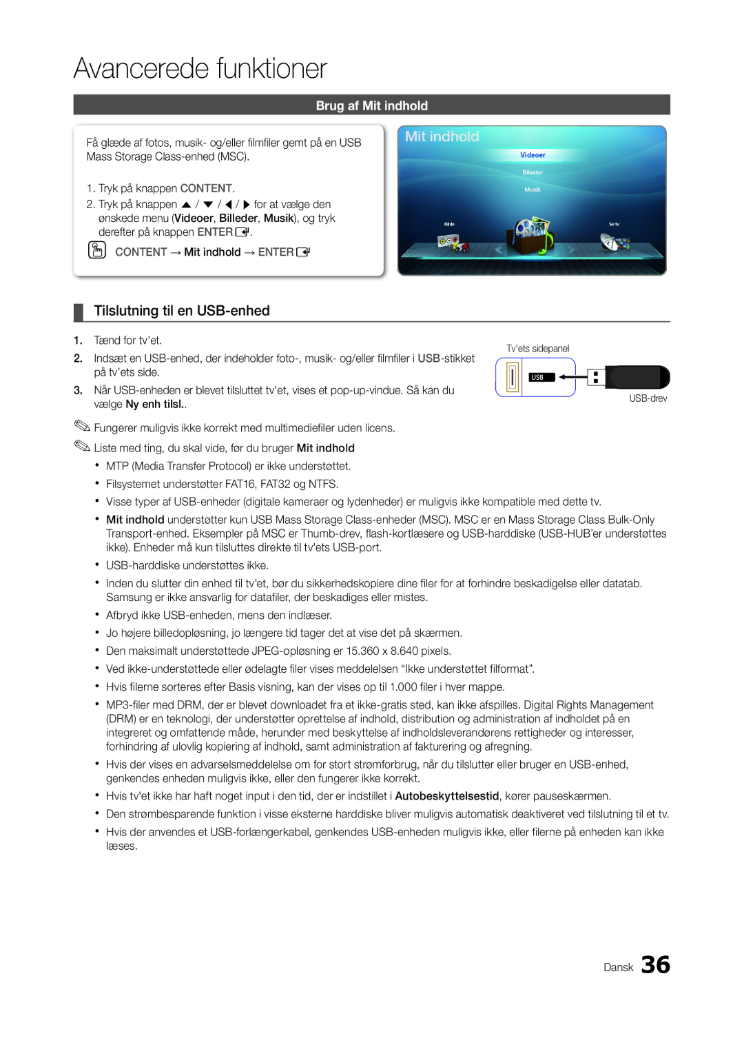 Samsung LT24A350RW/XE, LT23A550RW/XE Tilslutning til en USB-enhed, Brug af Mit indhold, Tænd for tvet, Vælge Ny enh tilsl 