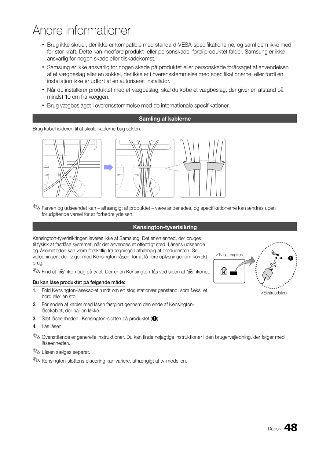 Samsung LT23A350RW/XE, LT23A550RW/XE, LT24A350RW/XE manual Samling af kablerne, Kensington-tyverisikring, Bord eller en stol 