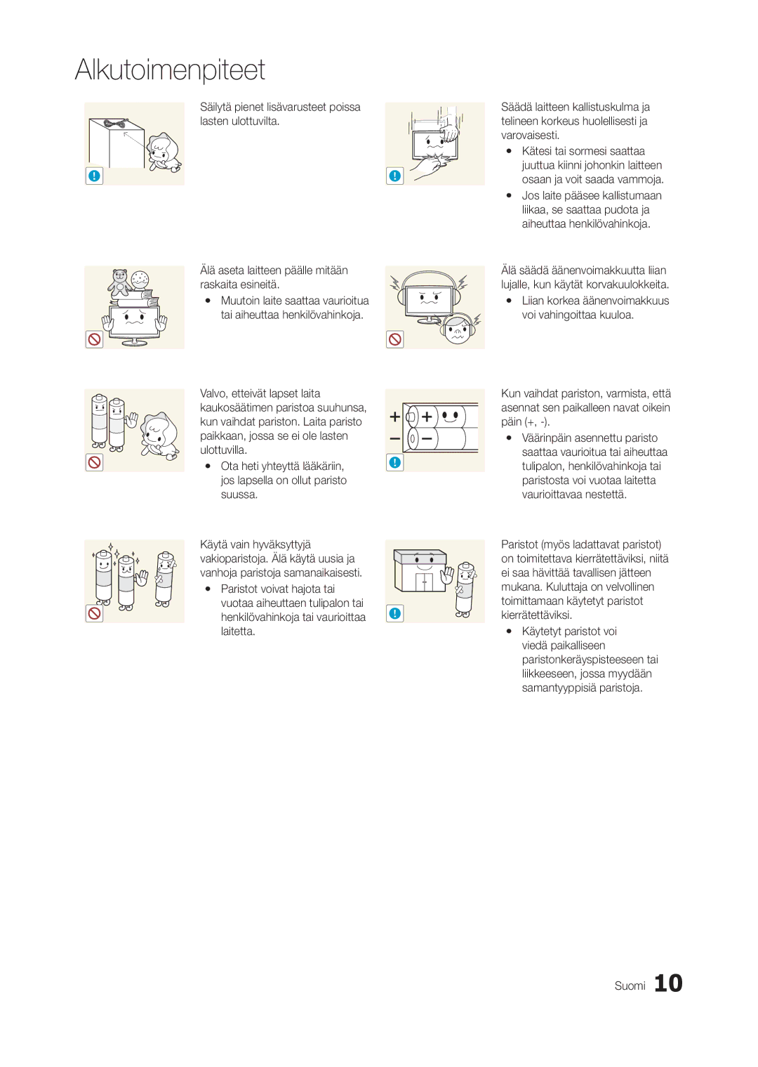 Samsung LT22A350RW/XE, LT23A550RW/XE, LT24A350RW/XE, LT24A550RW/XE, LT22A550RW/XE, LT27A550RW/XE manual Alkutoimenpiteet 